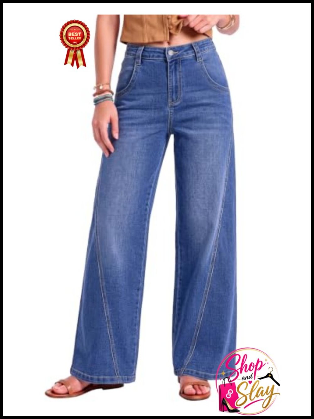 High Waisted Wide Leg Stretch Denim Jeans Side Seam